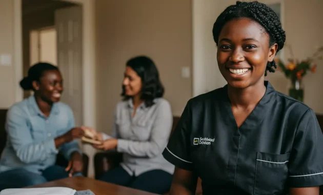 An image of a South African domestic worker smiling while working in a neat, cozy home. The worker is wearing a clean uniform, symbolizing dignity and professionalism. In the background, a supportive employer is seen interacting warmly. The scene reflects a positive atmosphere, with a focus on fairness, stability, and mutual respect. Use soft natural lighting to emphasize warmth and harmony.