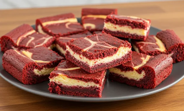 A plate of freshly baked red velvet cheesecake brownies, sliced into squares. The image should show the rich red velvet color with a visible cheesecake swirl inside. The plate should be set on a wooden kitchen table, with a soft background