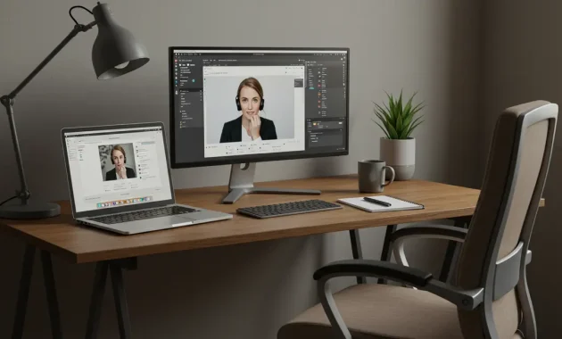 A modern home office setup with a sleek laptop on a wooden desk, dual monitors displaying remote work applications, a cozy coffee mug beside a notepad, and soft natural lighting. A comfortable ergonomic chair is positioned in front of the desk, and a plant adds a touch of greenery. The background subtly suggests a productive and peaceful remote work environment.