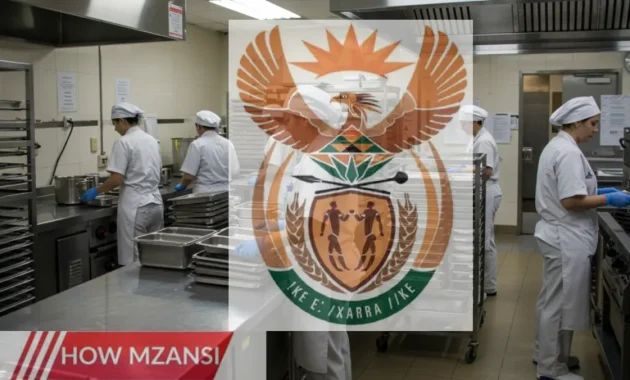 A busy hospital kitchen with workers in uniforms preparing and serving food. Some are cooking, while others are packing trays for patients. The environment is clean, and the workers appear happy and engaged in their tasks.