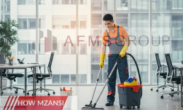 A professional cleaner in a corporate office environment, wearing a uniform and using cleaning equipment like a mop, vacuum, and cleaning cloth. The office space is modern with desks, chairs, and large windows, and the cleaner is working efficiently, ensuring a clean and tidy space. The background shows a bright, well-maintained office building.