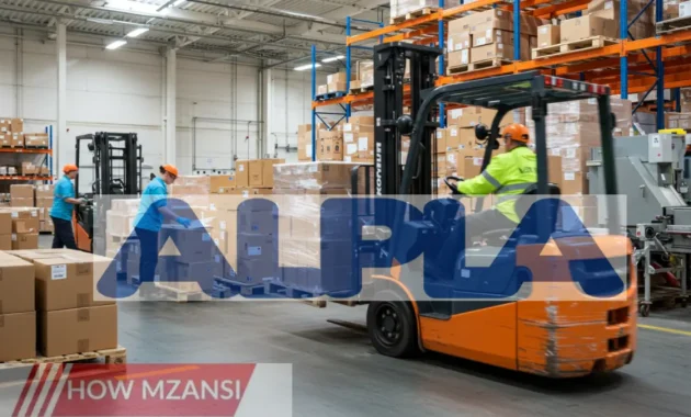A busy warehouse environment with forklifts in action, transporting goods on pallets. In the background, workers in safety gear are sorting and washing packaging. The scene is well-lit, clean, and represents an efficient industrial setting.