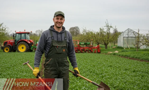 A farm worker dressed in protective clothing, holding farming tools while working in a green field. The background includes farm machinery, fruit trees, and a greenhouse. The worker is smiling, representing a positive and hardworking attitude.