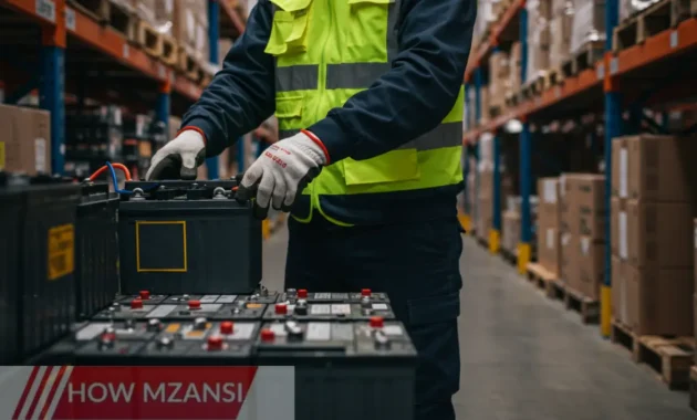 an image of a hardworking general worker in a warehouse, actively loading or unloading truck shipments. The worker should be wearing safety gear, including gloves and a reflective vest. The background should feature stacks of batteries and a clean, well-organized storage area, representing an efficient and professional work environment.