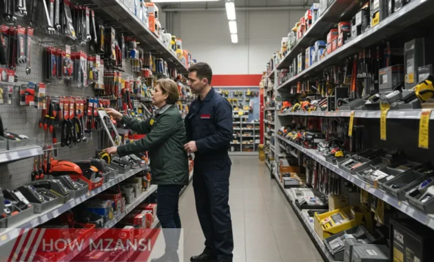 A well-lit hardware store with a Retail Shop Assistant in uniform helping a customer choose tools from a neatly arranged shelf. The store is stocked with various tools, machinery, and equipment, creating a professional and organized environment.