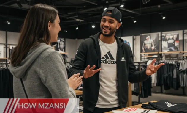 A stylish and energetic Adidas retail employee assisting a happy customer in a modern store. The background features Adidas products, bright store lights, and an engaging retail atmosphere. The employee is smiling and confidently recommending sportswear.