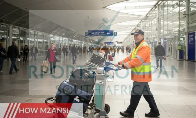 busy airport scene with a cheerful worker in a high-visibility vest managing luggage trolleys. Include passengers in the background, a modern airport terminal, and a sunny sky to convey a positive and energetic atmosphere