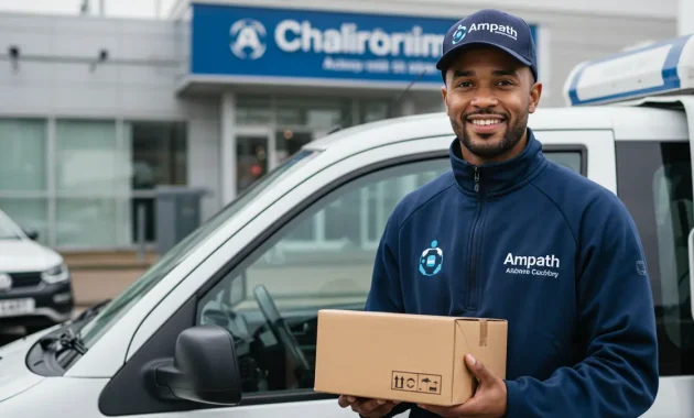 A professional courier dressed in Ampath uniform, driving a company vehicle while delivering medical reports and packages. The courier is smiling, holding a parcel, and standing in front of a hospital or laboratory.