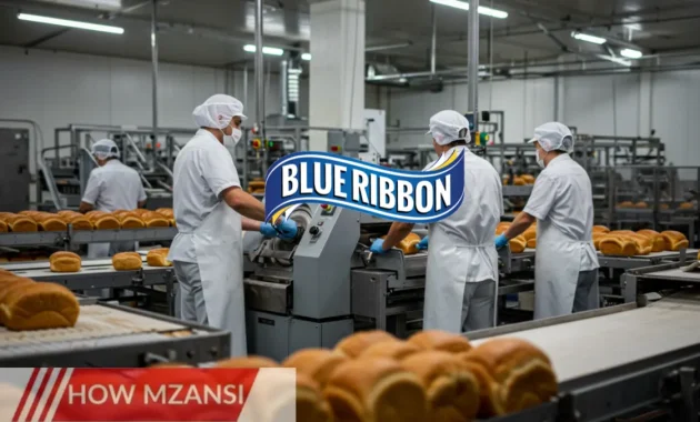 A busy bread factory scene with workers operating slicing machines, wearing protective gear. The environment is industrial, with freshly baked bread on conveyor belts. The atmosphere is fast-paced, showing teamwork and efficiency in production.