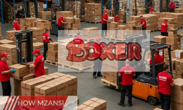 A busy warehouse with workers in red Boxer Superstores uniforms actively sorting, stacking, and moving boxes. Some employees are using forklifts while others are packaging goods for delivery. The environment looks clean, organized, and fast-paced, giving a sense of teamwork and productivity.