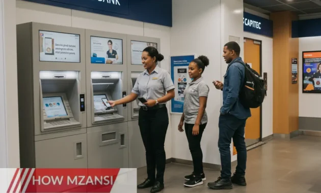 A modern Capitec Bank branch with a friendly Service Assistant helping a customer at an ATM. The bank interior is bright and welcoming, with digital screens displaying banking services. The Service Assistant is wearing a Capitec uniform and smiling while assisting a young customer with their mobile banking app