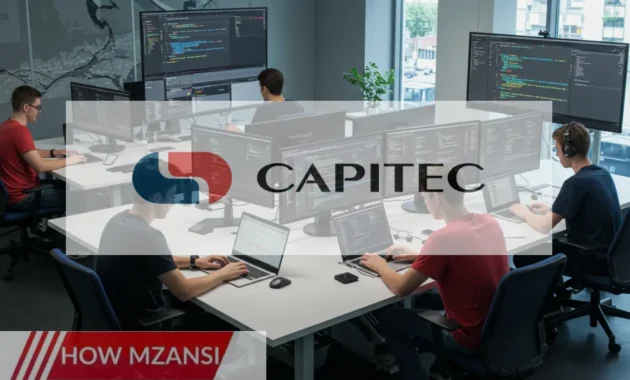 A high-quality image of young professionals working on laptops in a modern office. The environment is tech-focused, with large screens displaying coding interfaces. The office has a futuristic feel, representing a software development workspace at a leading Capitec bank.