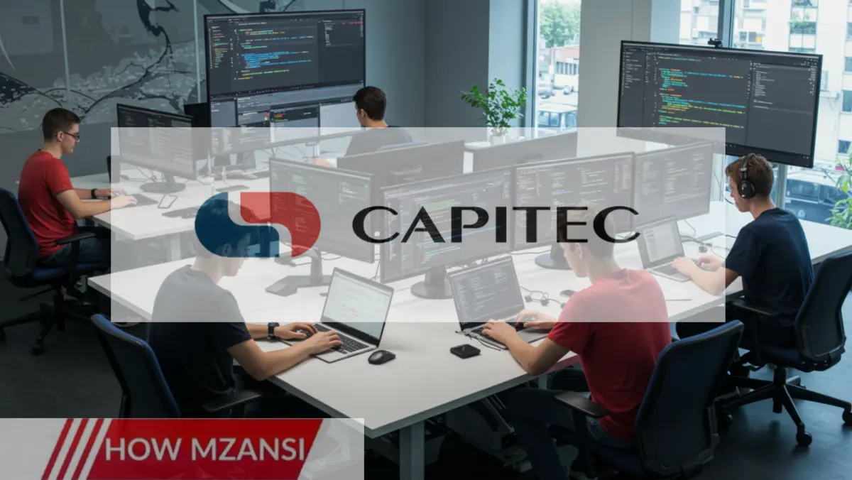A high-quality image of young professionals working on laptops in a modern office. The environment is tech-focused, with large screens displaying coding interfaces. The office has a futuristic feel, representing a software development workspace at a leading Capitec bank.