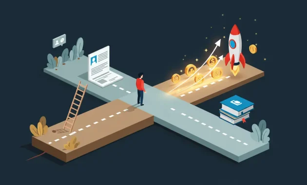 a person standing at a crossroads, with one path leading to a flat, monotonous landscape (representing stagnation) and the other path leading to a vibrant, upward trajectory with glowing opportunities (representing career success)