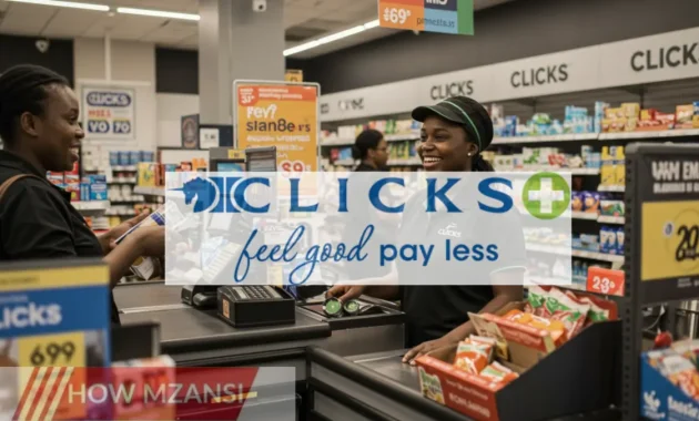 A friendly cashier at a Clicks store, smiling while scanning items at the checkout counter. The store is bright and well-stocked, with promotional signs visible. Customers are in line, engaging with the cashier in a positive and welcoming atmosphere.