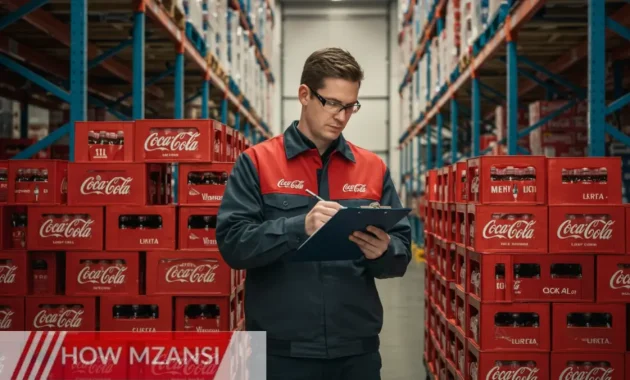 warehouse worker wearing a Coca-Cola uniform, holding a clipboard, and checking stock inside a bright, well-organized warehouse. Stacks of Coca-Cola product crates should be visible in the background, creating a professional and dynamic setting.