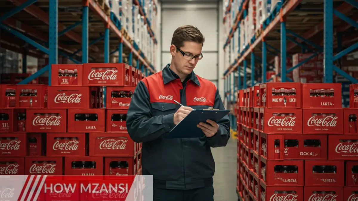 warehouse worker wearing a Coca-Cola uniform, holding a clipboard, and checking stock inside a bright, well-organized warehouse. Stacks of Coca-Cola product crates should be visible in the background, creating a professional and dynamic setting.