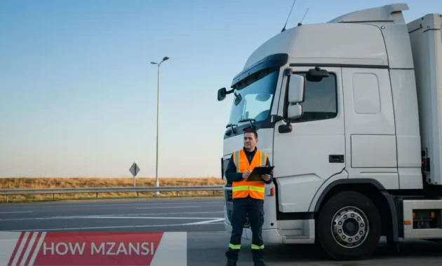 A professional truck driver standing next to a large commercial truck, wearing a safety vest and holding a clipboard. The background features a highway with a clear blue sky, symbolizing long-distance travel and logistics. The truck is clean, well-maintained, and parked at a fuel station or delivery depot.
