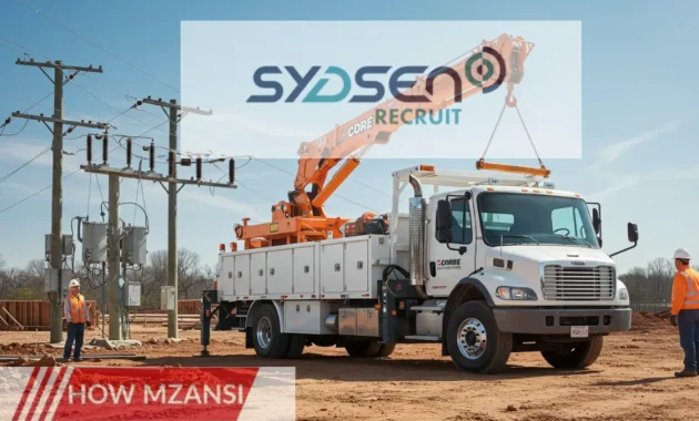 A powerful Code 14 truck with a crane arm extended, lifting materials at a construction site. The truck is clean and well-maintained, with a professional driver in uniform standing nearby. The background includes a job site with workers installing power lines or mini substations. The image should be dynamic, with a sense of movement and professionalism.