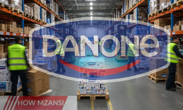 A busy warehouse with workers actively handling packages, stacking boxes, and operating forklifts. The environment is clean and organized, with branded Danone products visible on shelves. The workers look focused and efficient, wearing safety gear such as gloves and vests. The lighting is bright, and the atmosphere is professional yet energetic.
