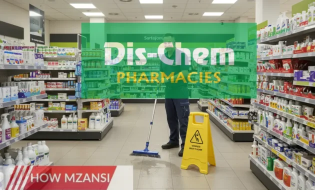 A professional store cleaner working inside a retail pharmacy, ensuring spotless floors and neatly arranged shelves. The environment is bright and welcoming, with cleaning supplies in use and a wet floor sign visible. The cleaner is in uniform, smiling, and maintaining high hygiene standards.