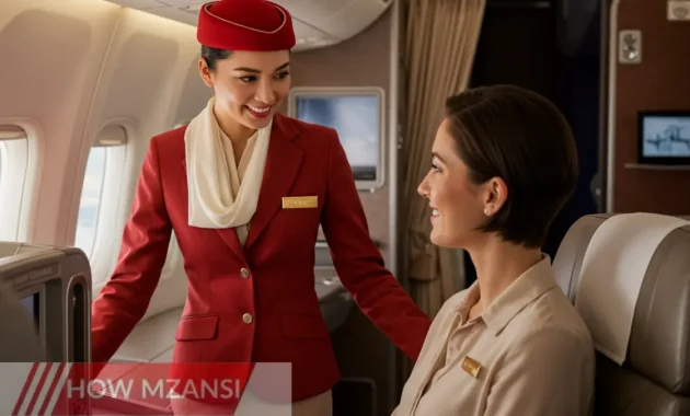 A smiling Emirates flight attendant in a red and beige uniform, assisting a passenger inside a luxury airplane cabin. The background features elegant seating, soft lighting, and a window view of the sky. The attendant looks professional, welcoming, and confident.