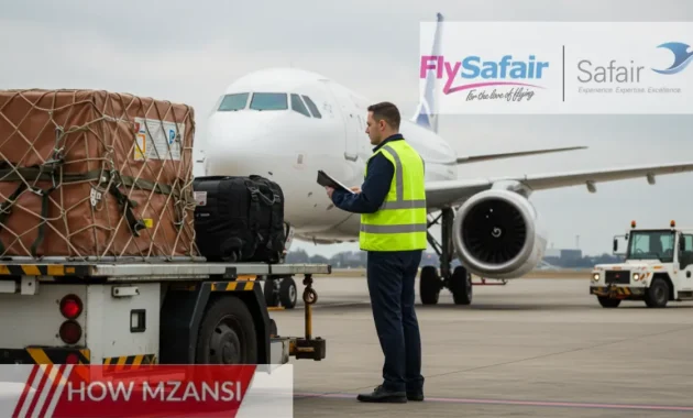 A professional ramp agent in an airport setting, wearing a high-visibility vest, conducting a safety check on an aircraft. The agent is inspecting baggage and cargo being loaded onto the plane, ensuring everything is in place for a smooth flight departure. The background features a bustling airport ramp with ground vehicles and crew members working together in the background.