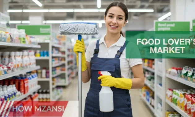 A professional cleaner in a uniform, holding a mop and a cleaning spray bottle, smiling while working in a bright and modern retail store. Background shows neatly organized shelves and a shiny floor.