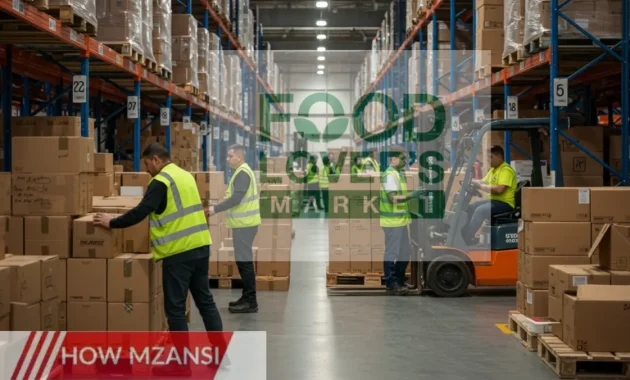A busy warehouse scene with workers wearing safety vests, stacking boxes, operating forklifts, and organizing inventory. The setting is well-lit and clean, with visible storage shelves, pallet jacks, and a well-maintained workspace