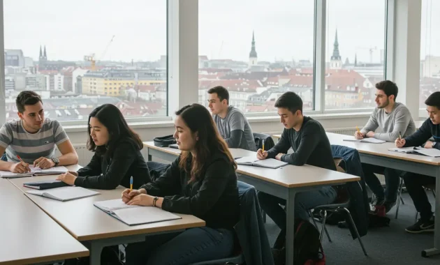 A diverse group of international students sitting in a bright and modern classroom, engaged in learning. The students are taking notes and discussing with each other, while a professional instructor stands at the front. Large windows in the background show a scenic European city view, creating an inspiring and welcoming educational atmosphere.