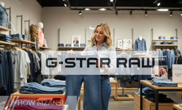 A stylish and energetic retail associate in a modern clothing store, confidently assisting a customer with a denim outfit. The background features sleek store displays filled with trendy apparel, bright lighting, and a lively shopping atmosphere.