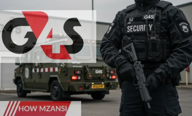 A G4S tactical security officer in full uniform, standing in front of an armored cash-in-transit vehicle. The officer is alert, holding a firearm securely, with a high-tech security facility in the background. The scene conveys a sense of professionalism, security, and readiness.