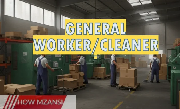 A busy warehouse scene with workers lifting and packing materials. One worker is sweeping the floor while another is cleaning factory machines. The space is well-lit, and the workers are wearing simple uniforms. The environment looks organized and efficient.