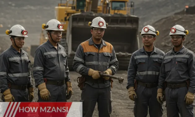 A diverse group of hardworking miners in safety gear, working together on a mining site with heavy machinery in the background. The scene should convey teamwork, dedication, and a focus on safety, with a bright and professional tone.