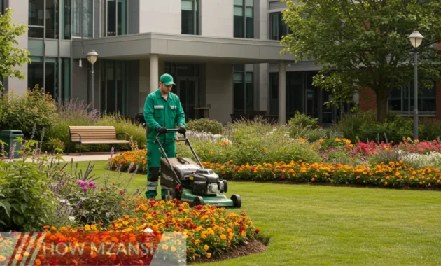 An outdoor garden maintenance worker in a green uniform using a lawnmower on a beautifully landscaped university campus. The background features well-maintained flower beds, trees, and a modern campus building. The sun is shining, and the worker looks happy and focused on their task.