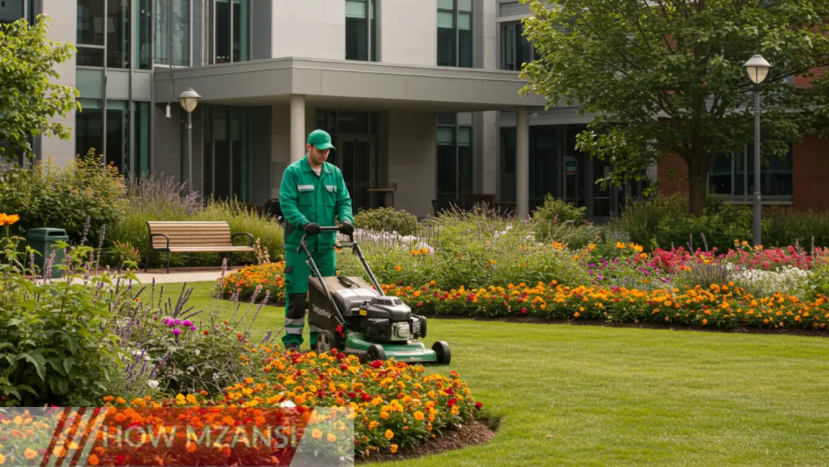 An outdoor garden maintenance worker in a green uniform using a lawnmower on a beautifully landscaped university campus. The background features well-maintained flower beds, trees, and a modern campus building. The sun is shining, and the worker looks happy and focused on their task.
