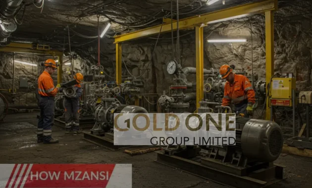 A busy underground mining site with workers in safety gear handling pumps and machinery. One worker is assembling a pump, while another is inspecting equipment. The setting is well-lit, showcasing a safe and organized work environment.