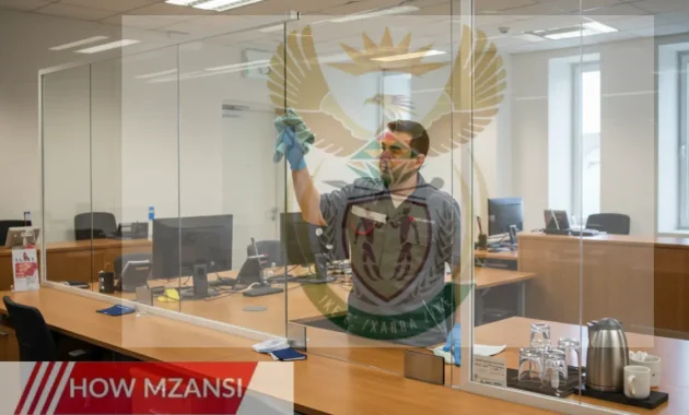 A well-maintained, modern government office with a professional cleaner wearing a uniform, wiping a glass partition. The cleaner has a focused and professional expression, and the office space looks organized, with desks, computers, and a neat tea/coffee station in the background.