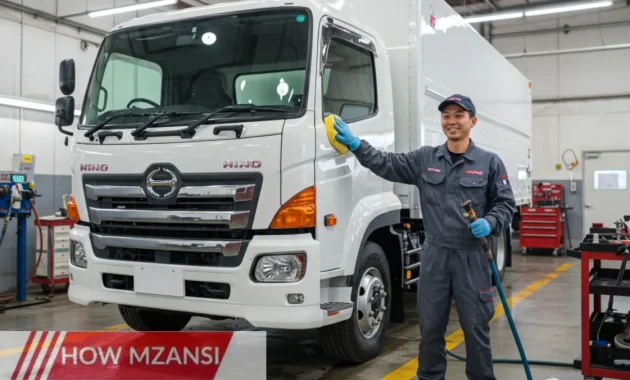 A cheerful general worker in a Hino uniform, washing a shiny Hino truck with a sponge and water hose. The background shows a clean and organized workshop with other Hino vehicles and tools neatly arranged. The worker is smiling, and the scene reflects a professional and welcoming environment.