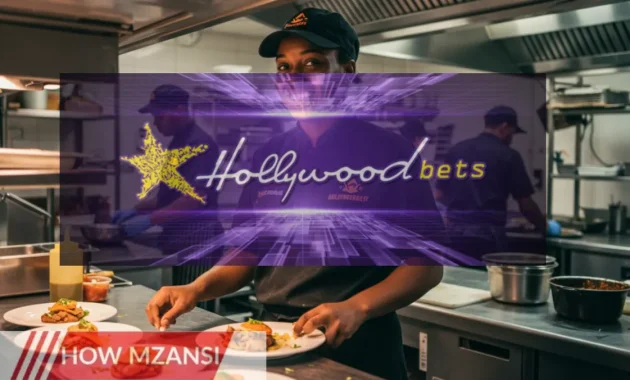 A cheerful kitchen assistant in a Hollywoodbets uniform, preparing food in a clean and modern kitchen. The assistant is smiling while placing food on plates, and in the background, other team members are working together in a busy but friendly restaurant environment.