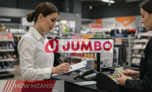 A professional retail store environment with an Admin Controller supervising cashiers at the cash desk. The supervisor is reviewing financial reports on a clipboard while a cashier counts cash at the till. The setting is clean, organized, and professional, with store shelves visible in the background