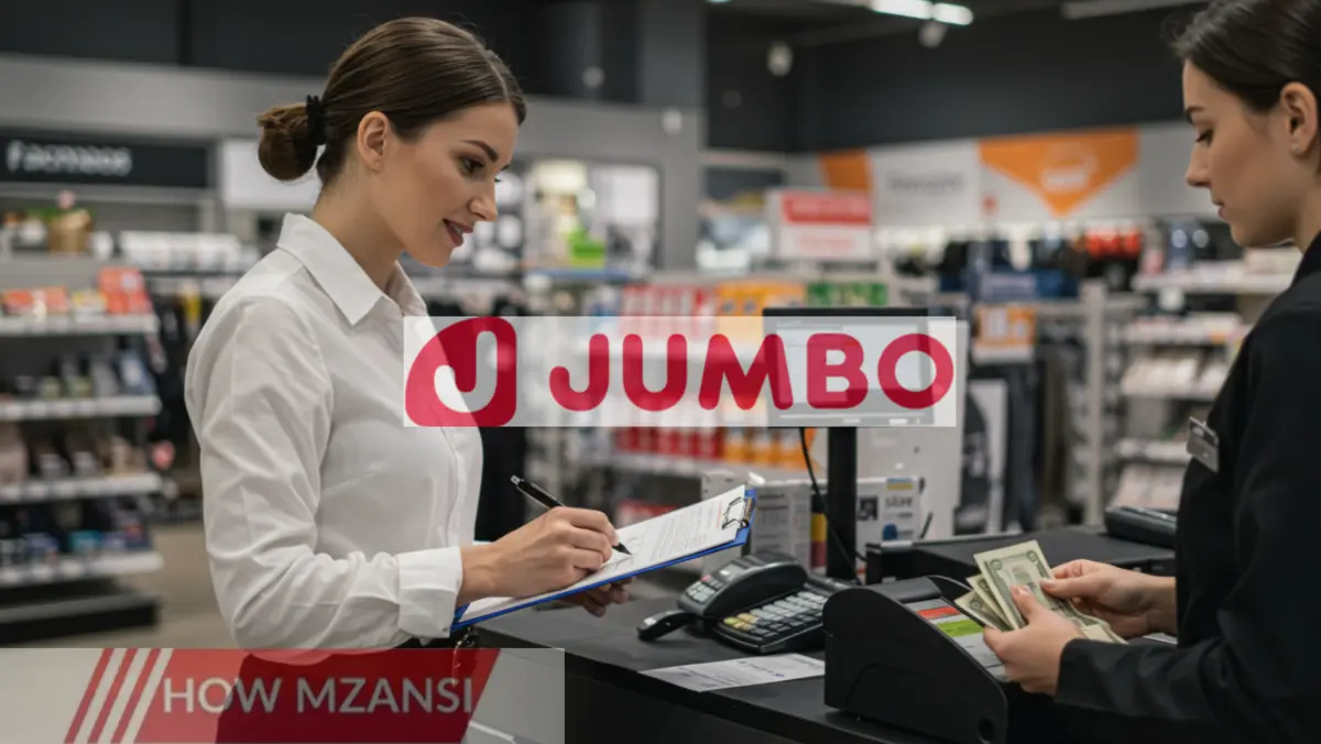 A professional retail store environment with an Admin Controller supervising cashiers at the cash desk. The supervisor is reviewing financial reports on a clipboard while a cashier counts cash at the till. The setting is clean, organized, and professional, with store shelves visible in the background