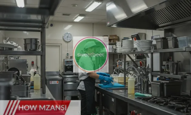 An energetic kitchen environment with a professional kitchen hand washing dishes, cleaning utensils, and organizing cooking tools. The kitchen is bright, clean, and well-organized with food preparation areas and appliances in the background. The worker is wearing a clean uniform, gloves, and focusing on the task at hand, ensuring the workspace is hygienic. The atmosphere is busy but efficient, highlighting the importance of cleanliness in food preparation.