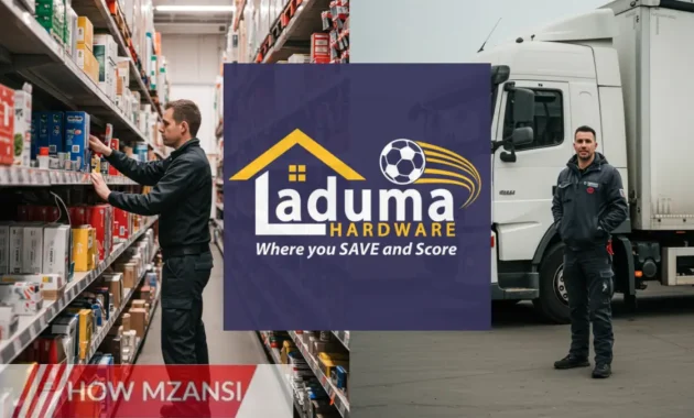 A professional retail worker organizing stock in a hardware store, with a second image of a truck driver confidently standing next to a large delivery truck. The background should show a busy hardware store and a truck in motion, symbolizing an active job environment.