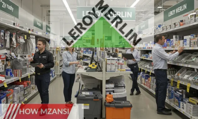 A welcoming retail store environment featuring a diverse group of sales consultants assisting customers. Show one consultant explaining a product to a happy customer, another arranging items on a shelf, and a third using a tablet to assist with an order. Include Leroy Merlin branding and a warm, inviting atmosphere with bright lighting and neatly organized products.