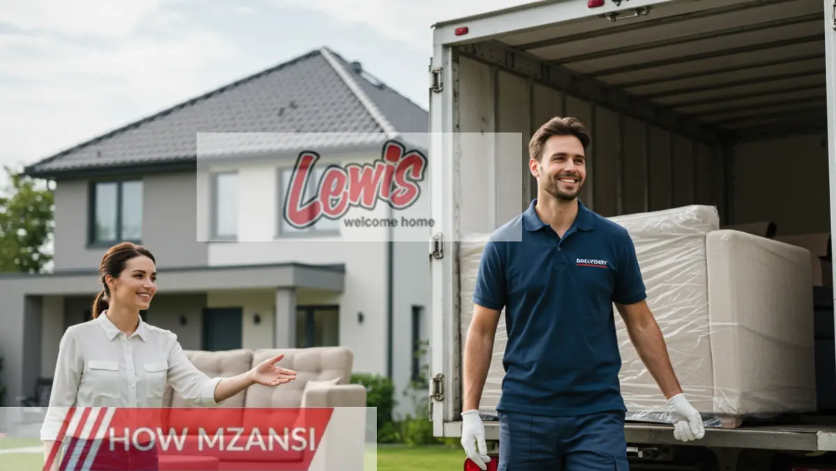 A professional delivery driver unloading furniture from a truck in front of a happy customer's house. The driver is wearing a branded uniform, smiling, and ensuring the furniture is properly placed. The background features a clean, modern home with a clear sky, emphasizing professionalism and customer satisfaction."