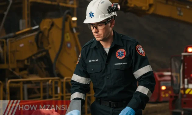 Image of an emergency medical professional wearing a paramedic uniform, assisting a patient at an industrial site. The background should feature a mining environment with safety equipment visible. The paramedic should have a focused and professional expression, showcasing the urgency and importance of emergency medical response in industrial settings.