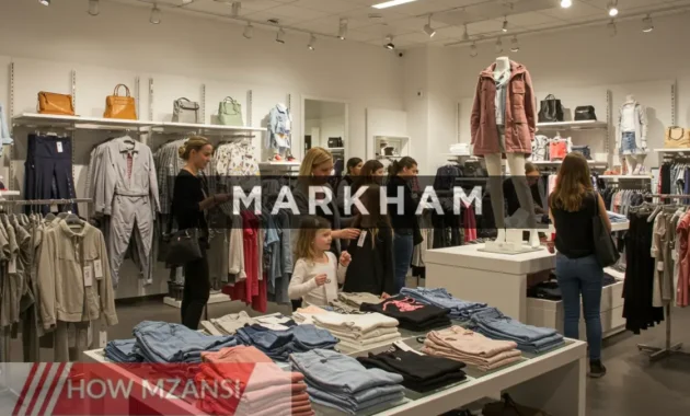 A stylish, modern retail store filled with trendy clothes, bright lights, and happy customers shopping. A friendly sales associate helping a young customer choose the perfect outfit. The store has a sleek and fashionable vibe, with well-organized displays of clothing, shoes, and accessories.