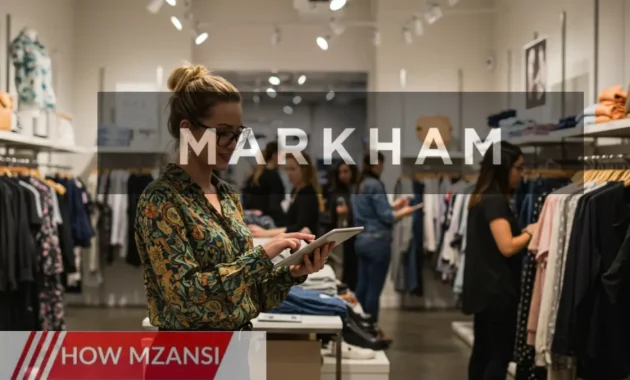 A stylish retail store with a trendy, well-dressed sales associate assisting customers. The store is bright and modern, with fashionable clothing displays. The atmosphere is energetic, and the sales associate is engaging warmly with customers while keeping track of sales on a tablet.