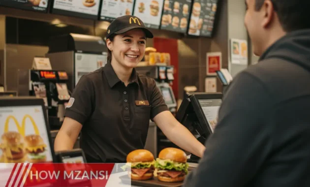 A cheerful McDonald’s crew member in uniform, smiling and serving a happy customer at the counter. The restaurant is bright, clean, and bustling with activity. Include McDonald’s branding like the golden arches and iconic menu items in the background.